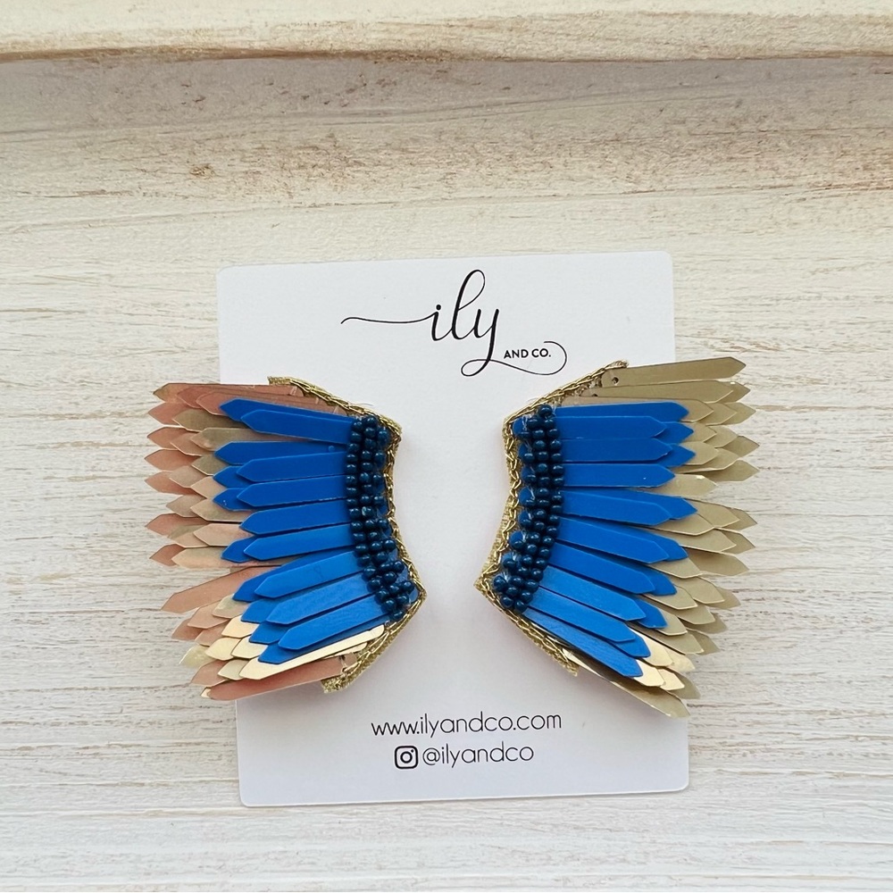 New Blue and Gold Sequin Earrings | Beaded | Lightweight | Boutique | Wings